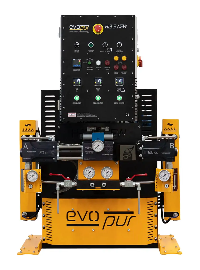 Agregat hydrauliczny ATG H19-S New (EvoPur) — czarny panel sterowania z regulatorami temperatury ISO, POLY i węża oraz żółta rama z zespołem pomp A i B i manometrami.